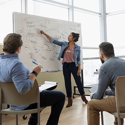 Appropriate for Organizations with: woman standing in front of whiteboard with team
